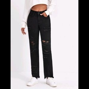 Shein Black Denim High Waist Distressed Mom Jeans